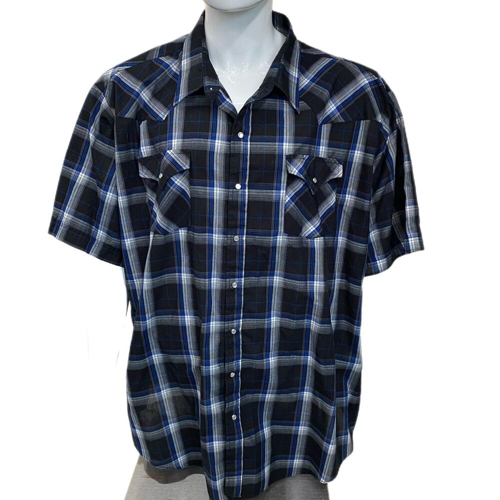 Ely Cattleman Shirt Mens 4XLT Black/Blue/Gray/White Short Sleeve Pearl Snap